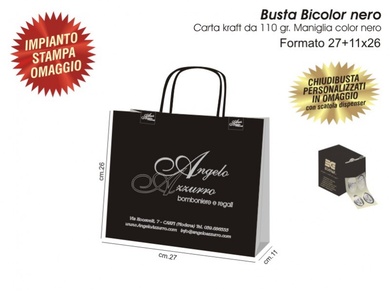 Buste regalo con logo bianche con manici in nastro di raso nero Buste di  carta piccole personalizzate per regali aziendali, presentazioni, eventi -   Italia